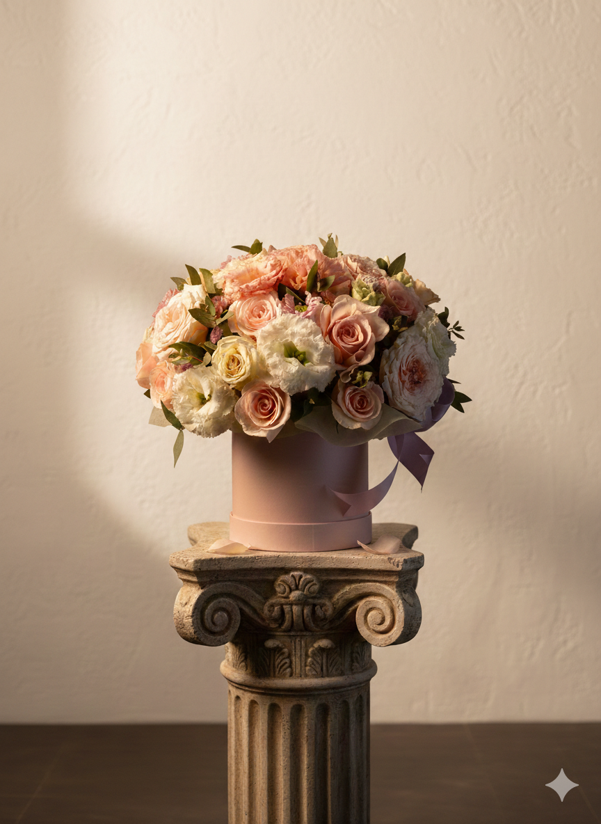 Composición floral de Romelia en una escena cálida del atelier
